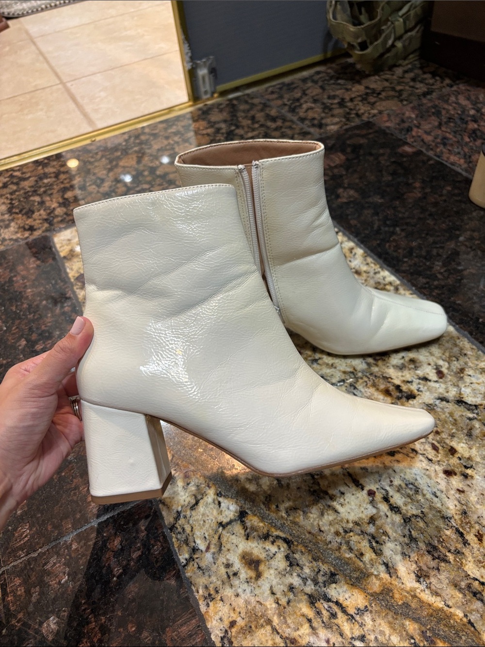 Ivory Pointed-Toe Block Heel Ankle Boots
